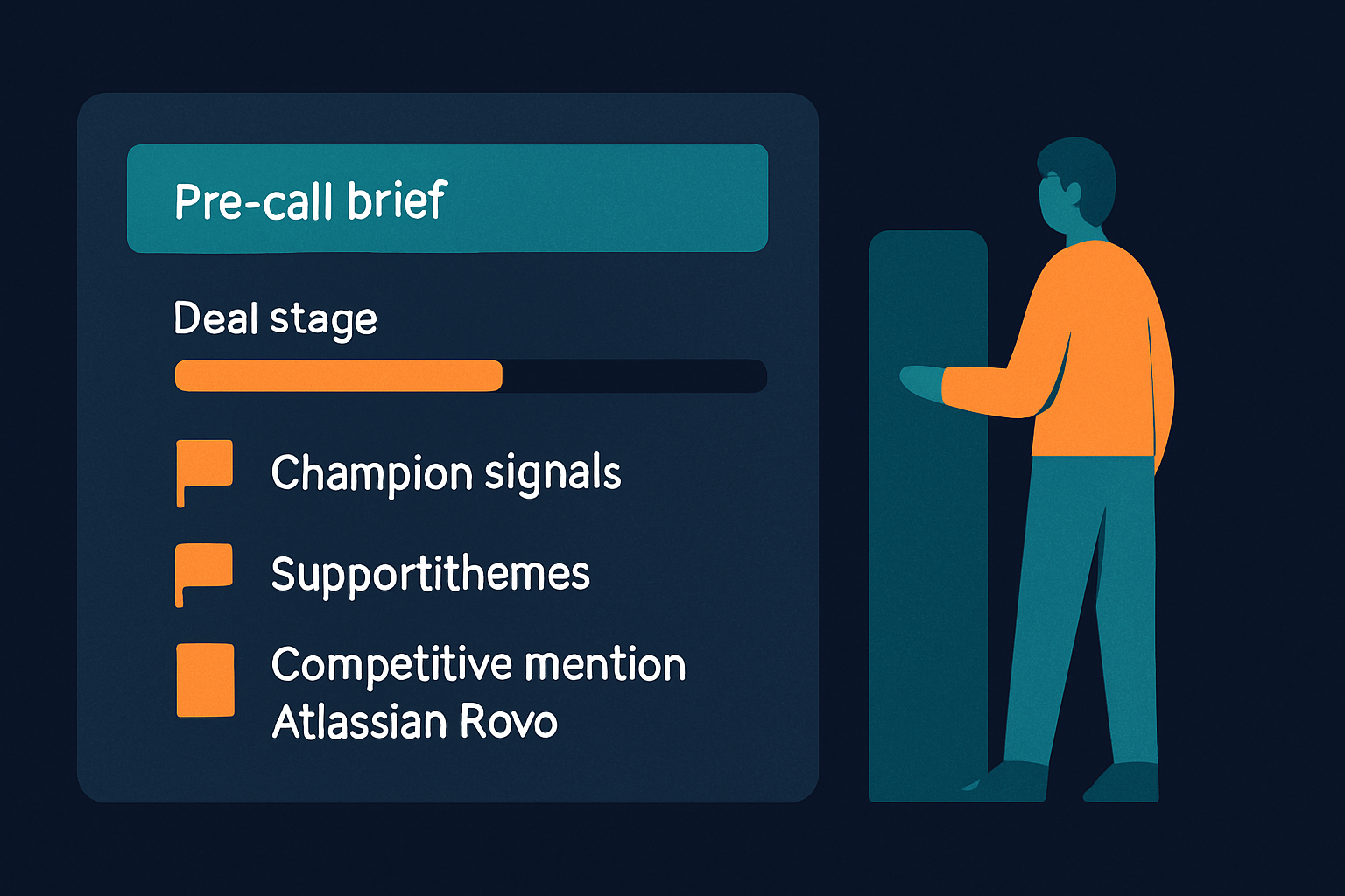 Pre-call briefs and competitive intel need CRM + comms federation, not wiki search alone.