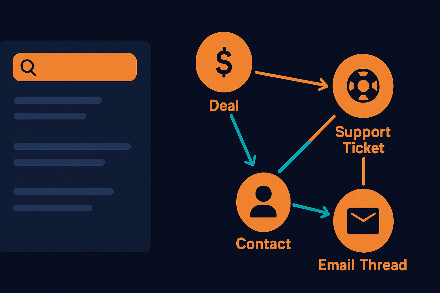 Multihop joins across deal, contact, email, and ticket — beyond thread search.
